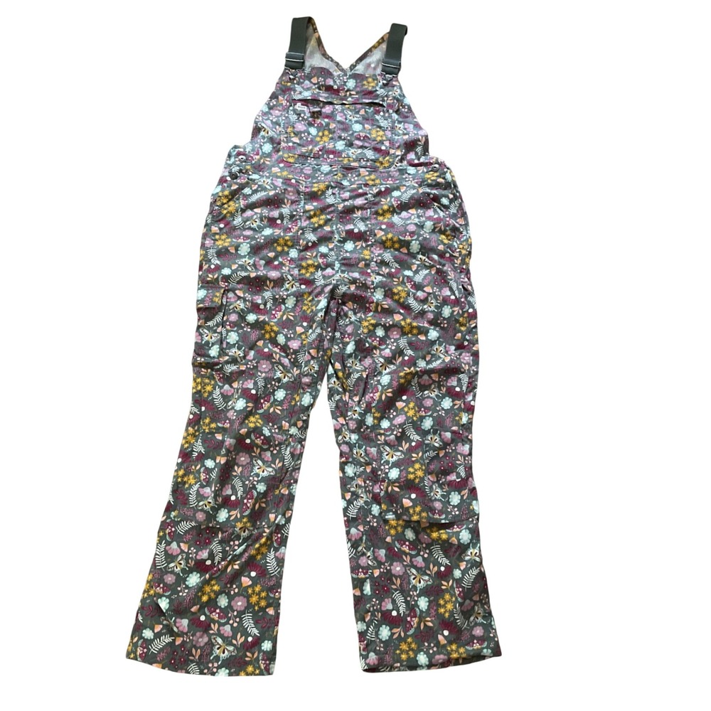 Duluth Trading Co Heirloom Gardening Overalls Grey Floral Butterfly Print L x 29
